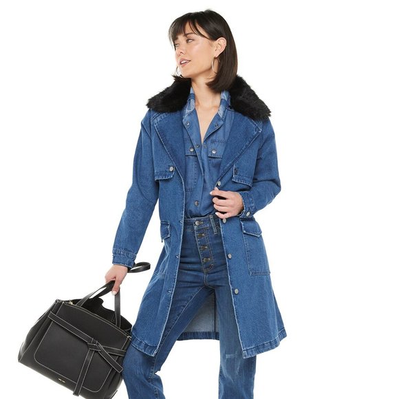 Jennifer Lopez Denim Faux Fur Trench Coat - Picture 1 of 3